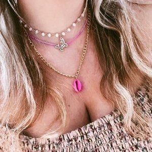 Gold chain with layered pink beaded necklace with pink shell charm FREE SHIPPING
